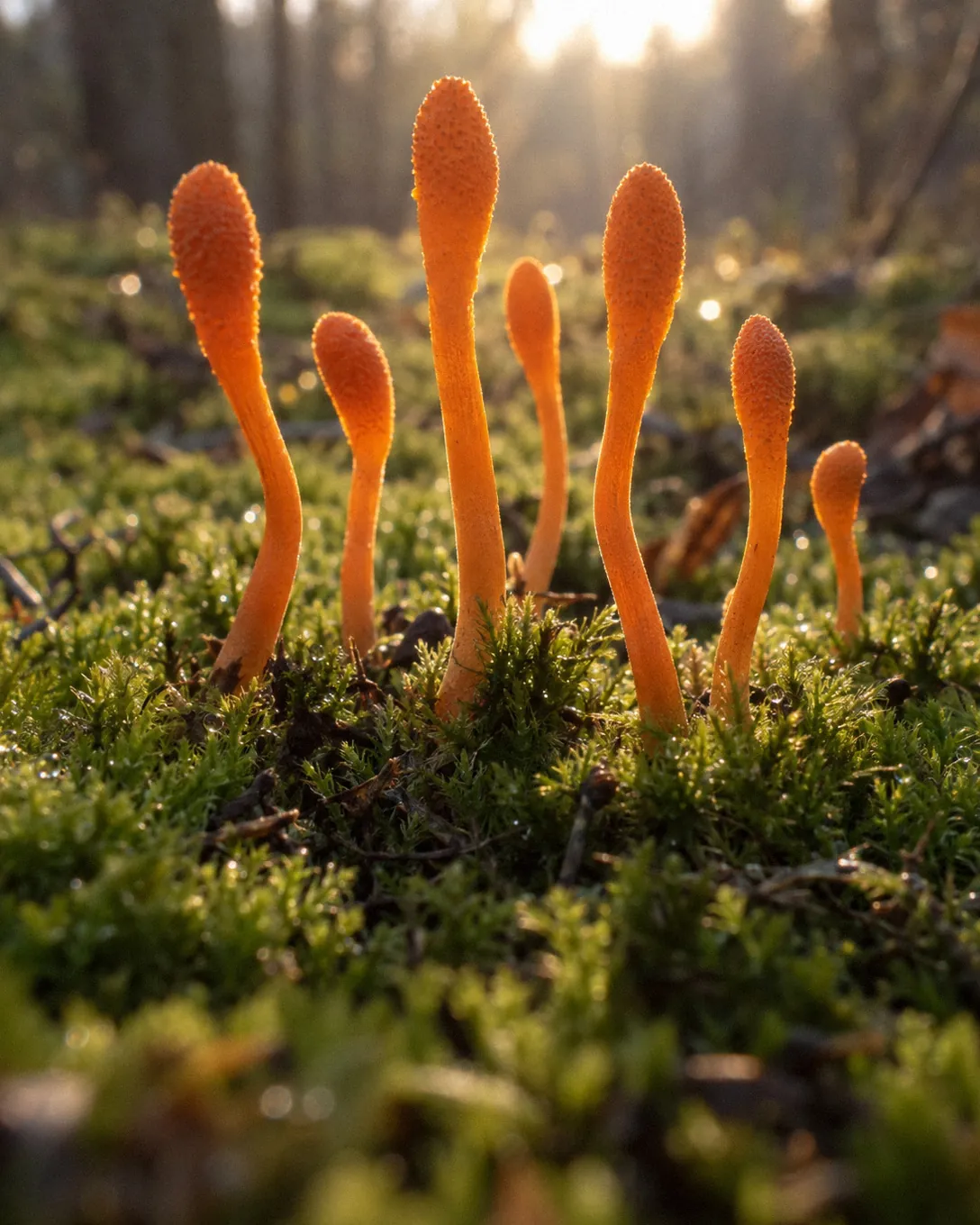 Orange cordyceps militaris rising from moss on a forest floor