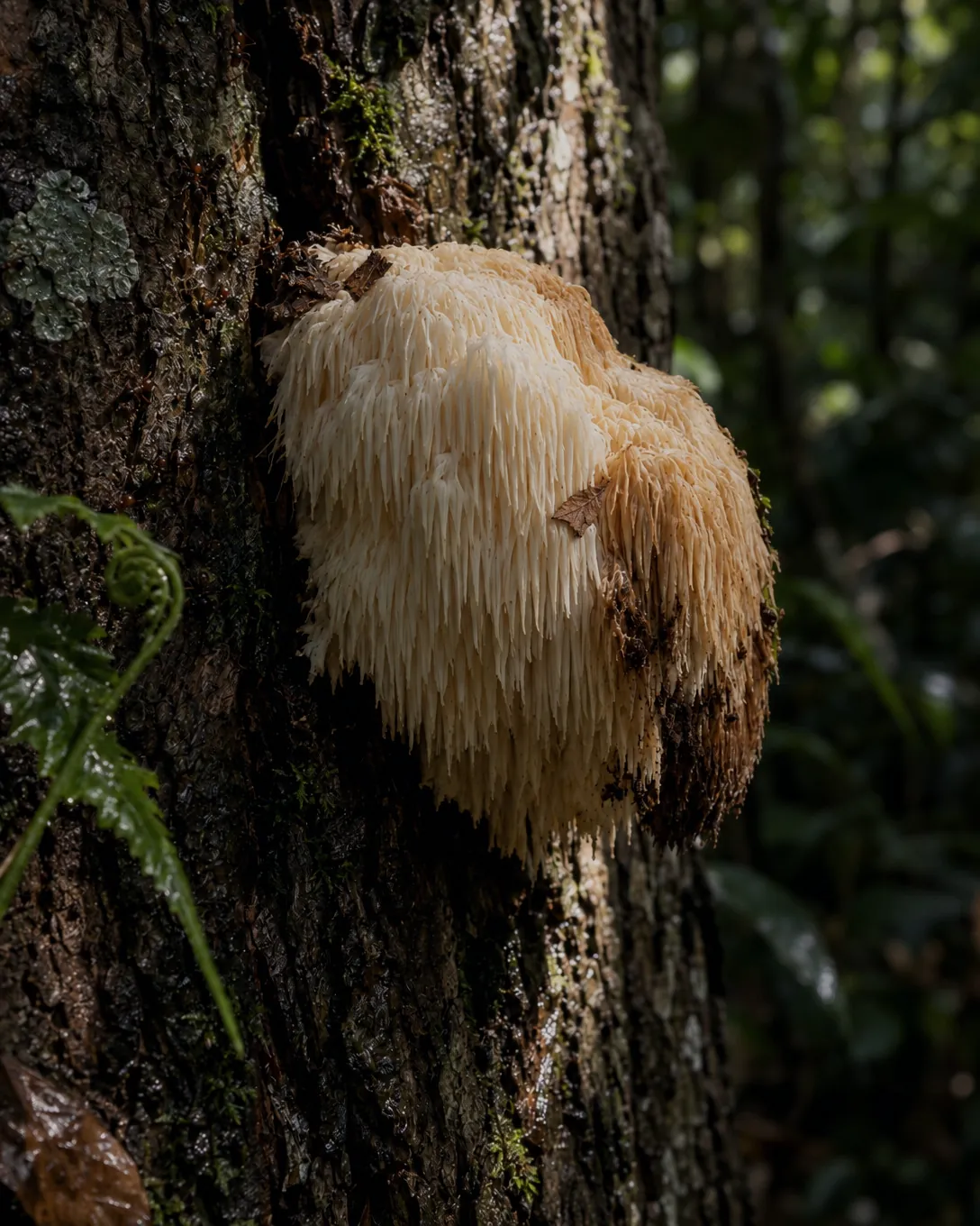 Lion's mane growing from the bark of a hardwood trunk